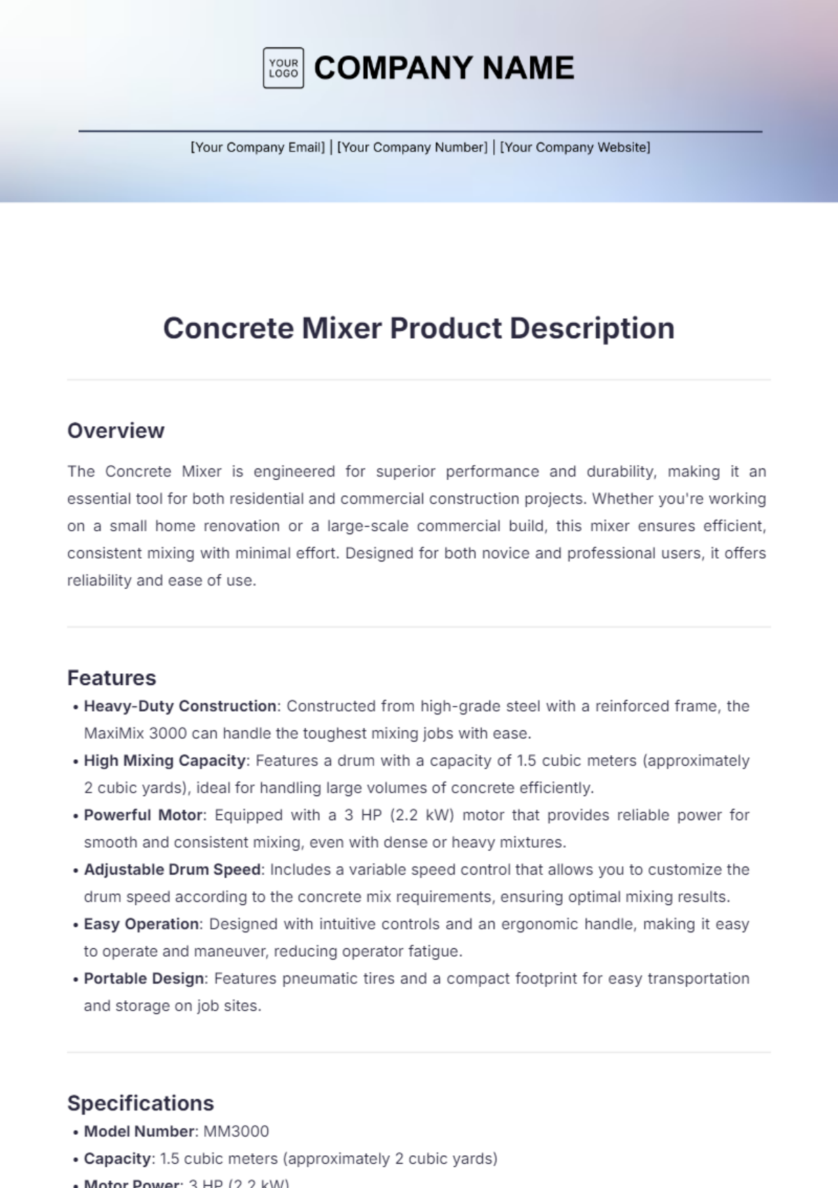 Concrete Mixer Product Description Template - Edit Online & Download