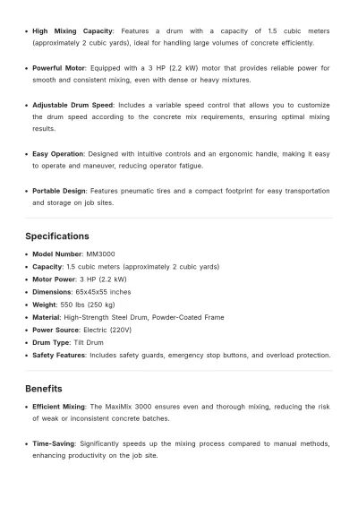 Free Concrete Mixer Product Description Template to Edit Online