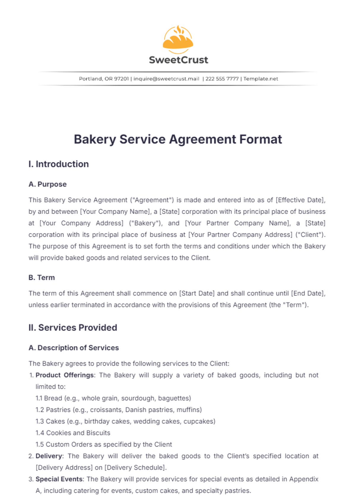 Bakery Service Agreement Format Template - Edit Online & Download