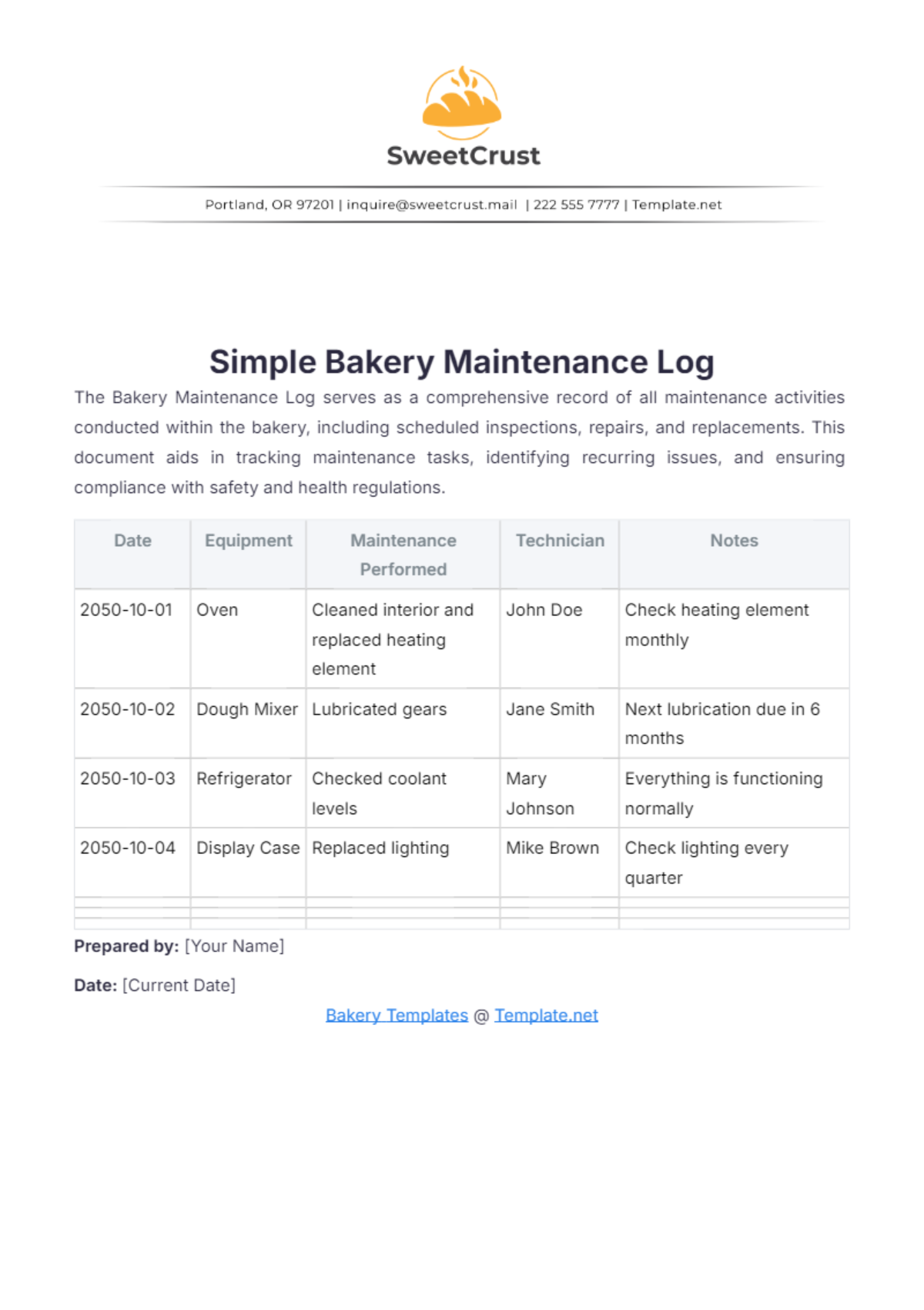 Simple Bakery Maintenance Log Template - Edit Online & Download