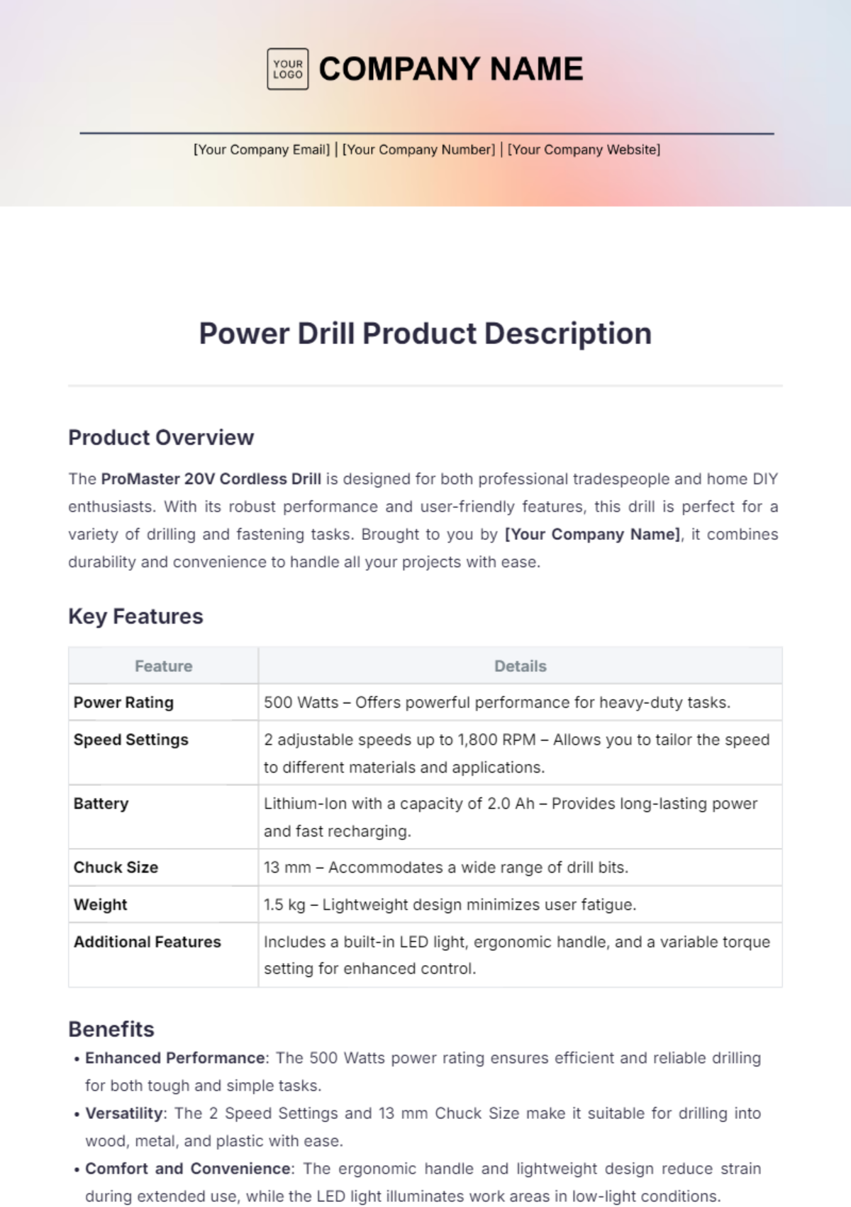 Power Drill Product Description Template - Edit Online & Download