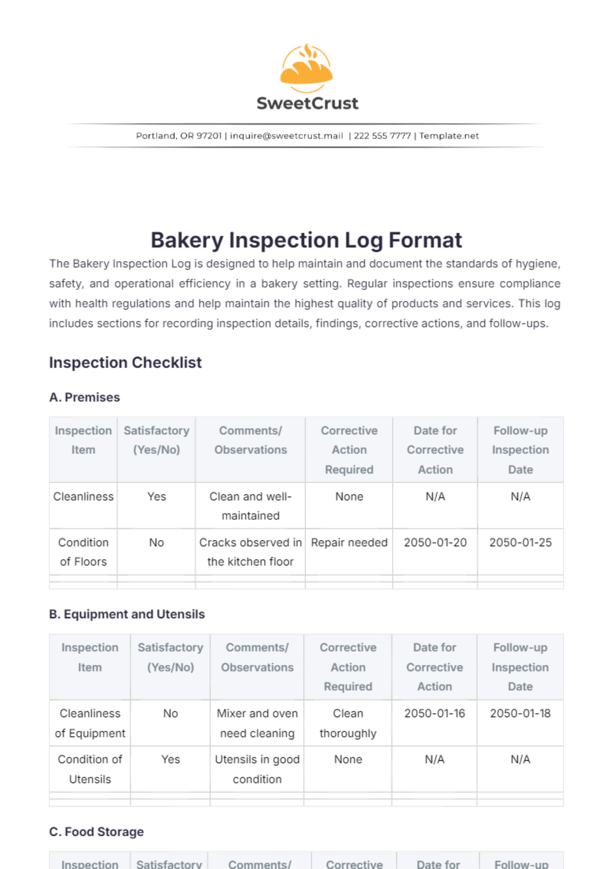 Bakery Inspection Log Format Template - Edit Online & Download