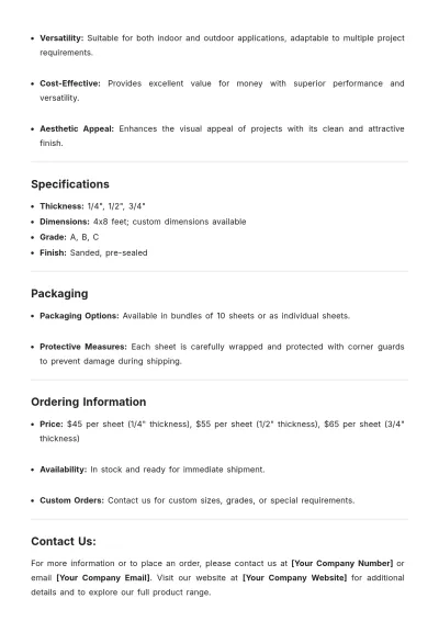 Free Plywood Product Description Template to Edit Online