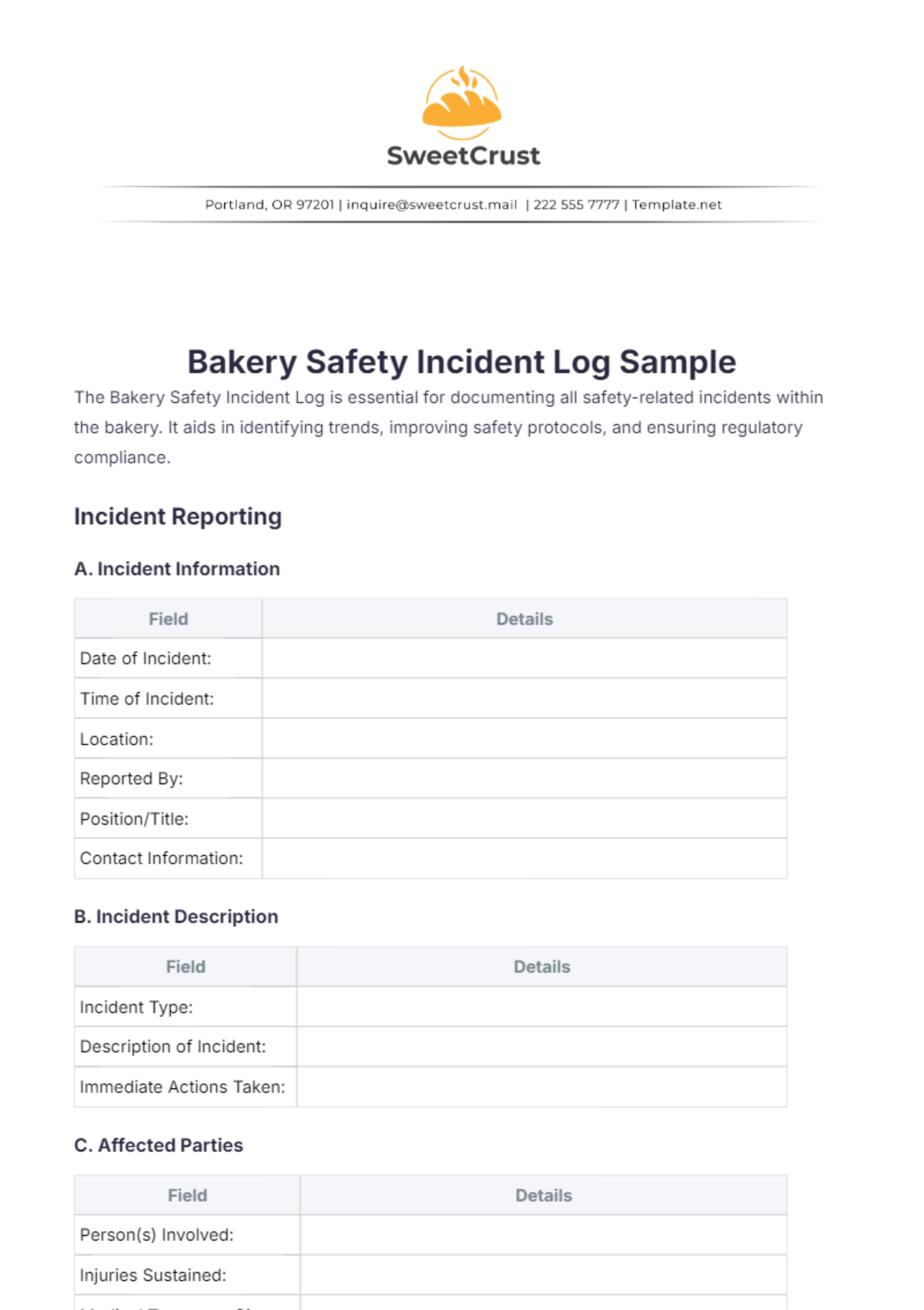 Bakery Safety Incident Log Sample Template - Edit Online & Download