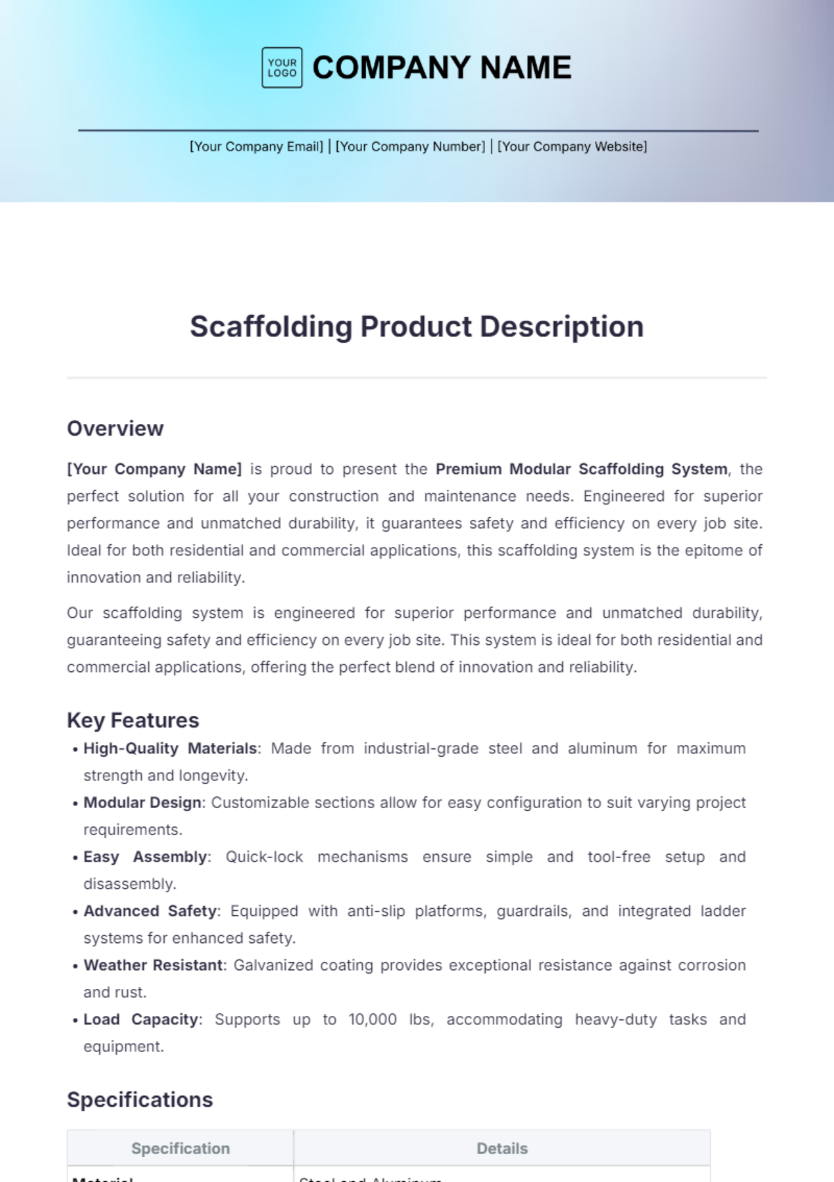 Scaffolding Product Description Template - Edit Online & Download