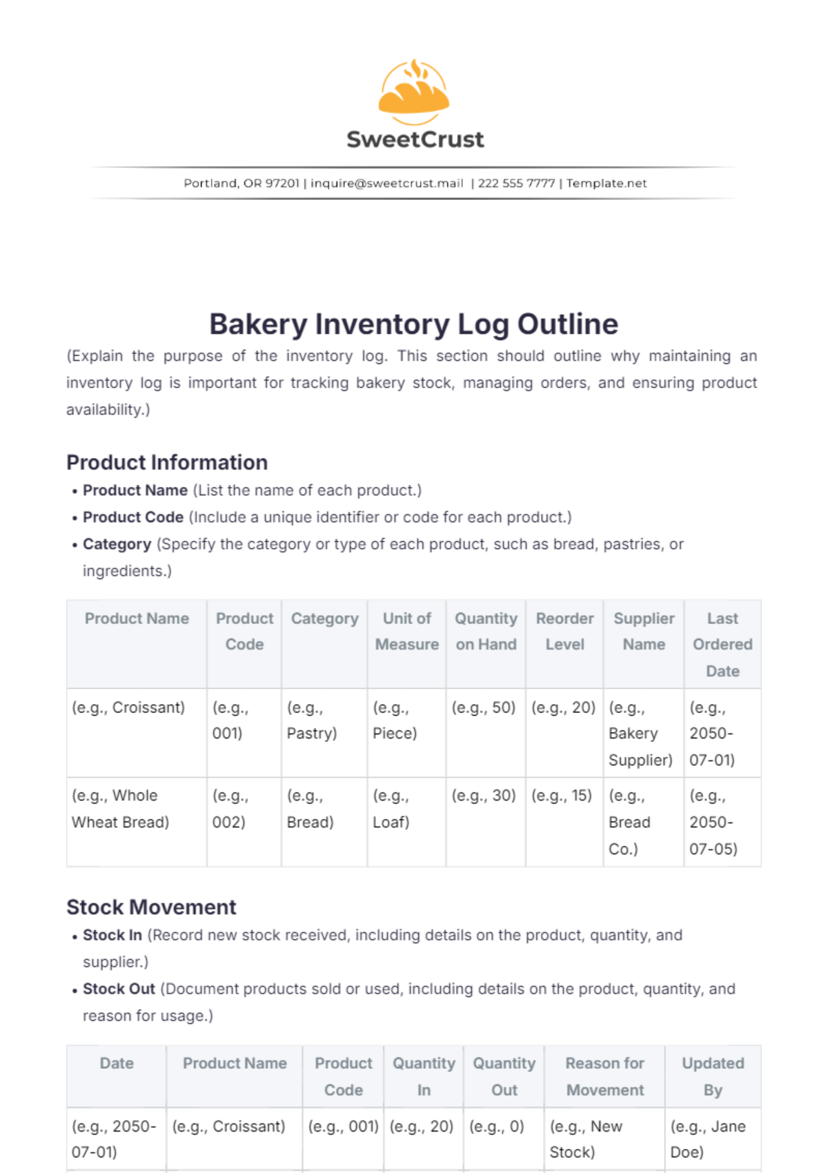 Free Bakery Inventory Log Outline Template - Edit Online & Download ...