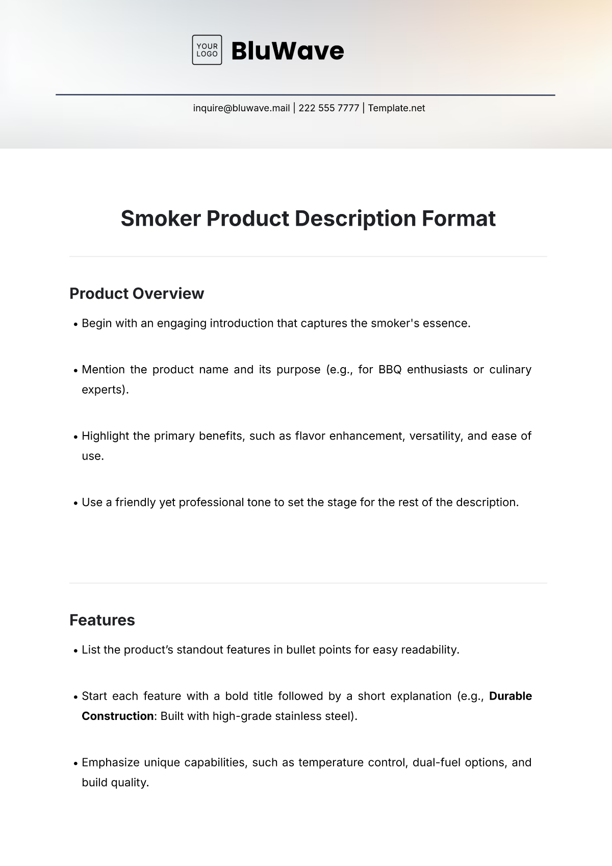 Smoker Product Description Format Template - Edit Online & Download