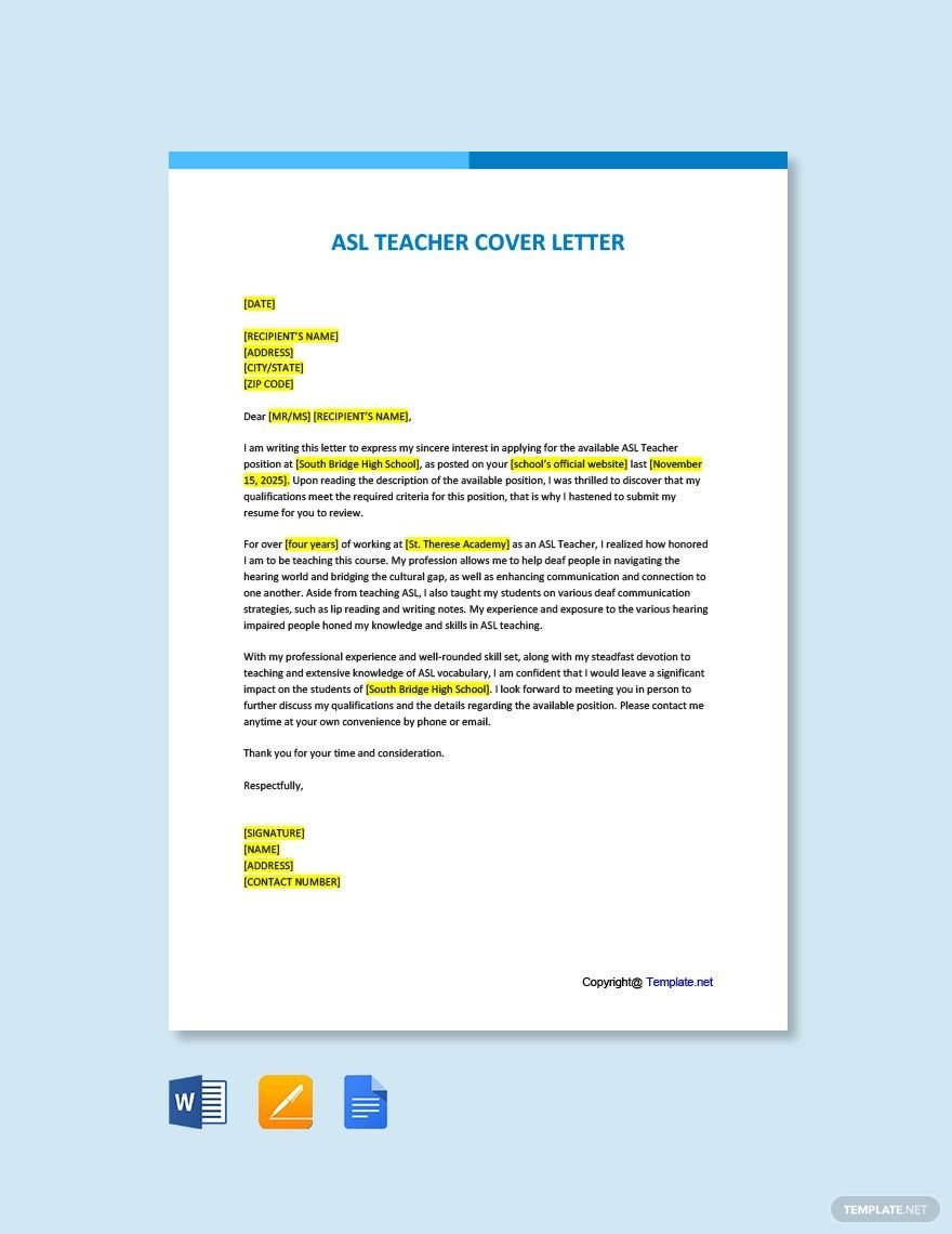 ASL Teacher Cover Letter Template