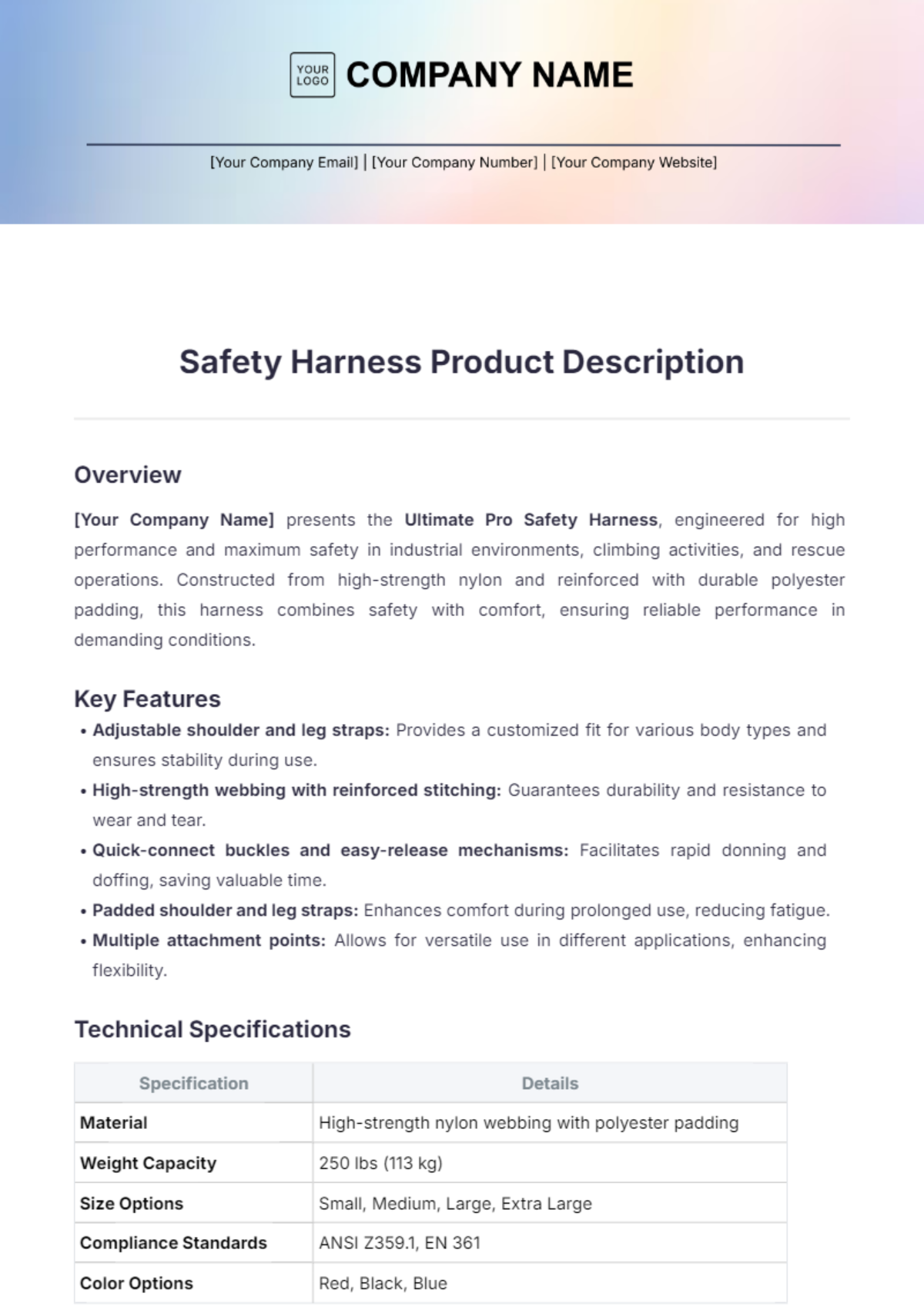 Safety Harness Product Description Template - Edit Online & Download