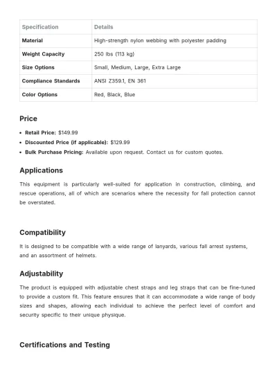 Free Safety Harness Product Description Template to Edit Online