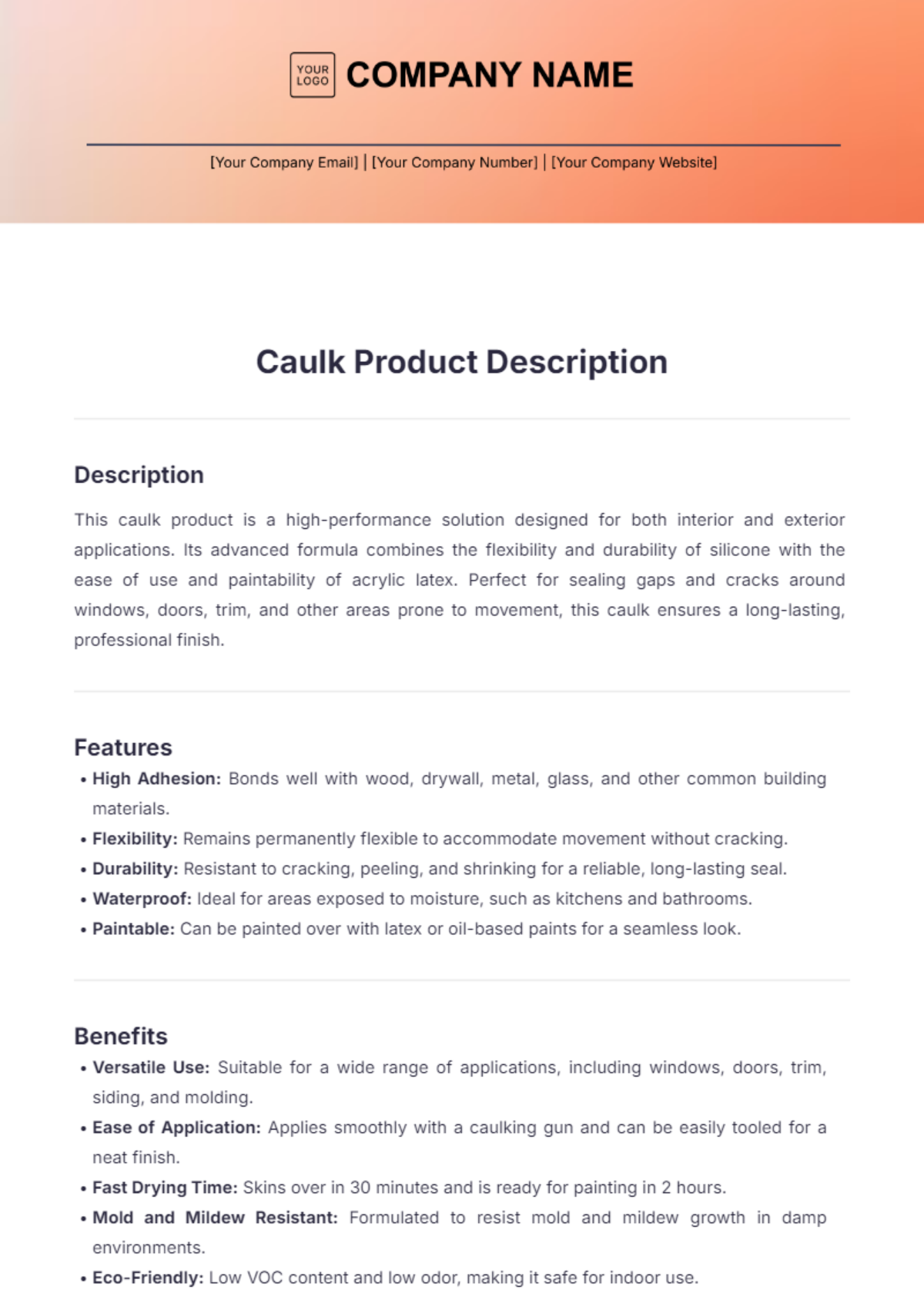 Caulk Product Description Template - Edit Online & Download