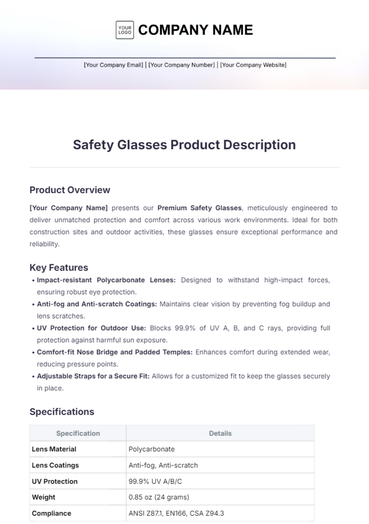 Safety Glasses Product Description Template - Edit Online & Download