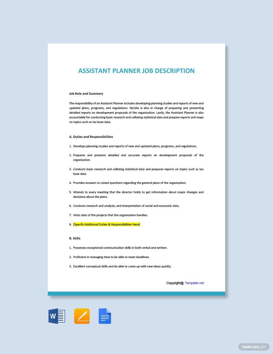 Assistant Planner Job Description Template