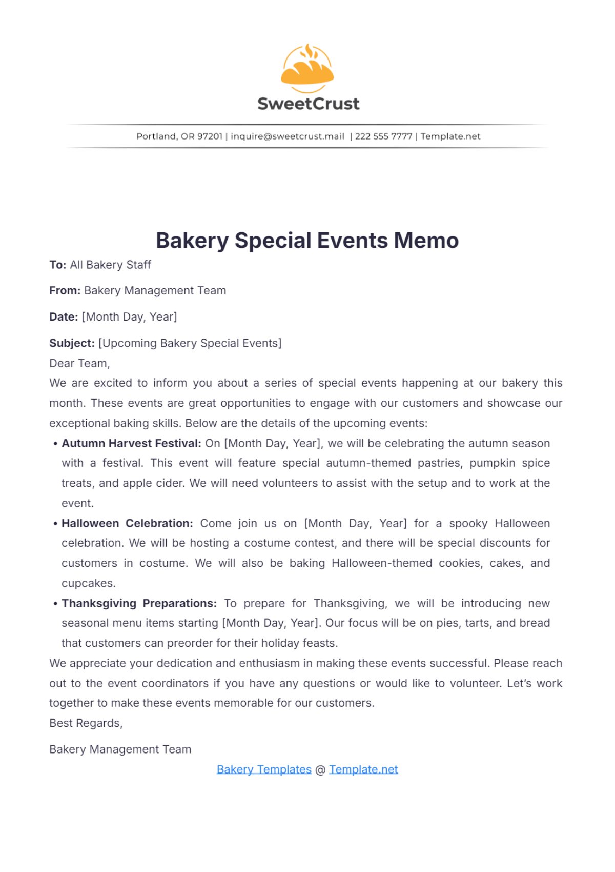 Bakery Special Events Memo Template - Edit Online & Download