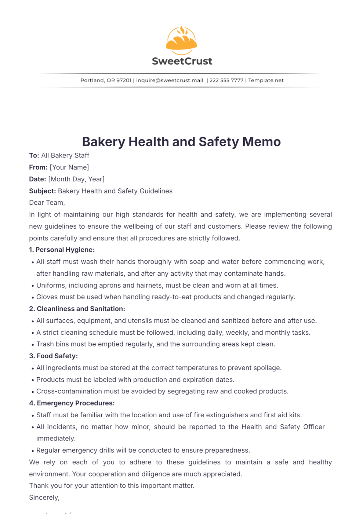 Bakery Health and Safety Memo Template - Edit Online & Download