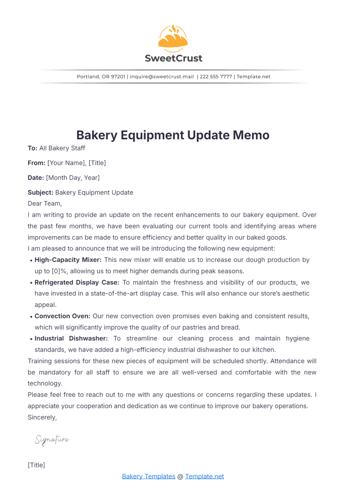 Bakery Equipment Update Memo Template - Edit Online & Download