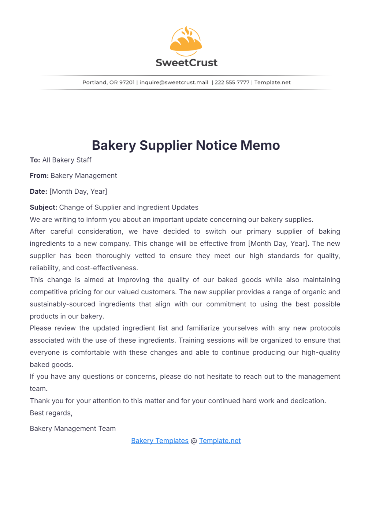 Bakery Supplier Notice Memo Template - Edit Online & Download