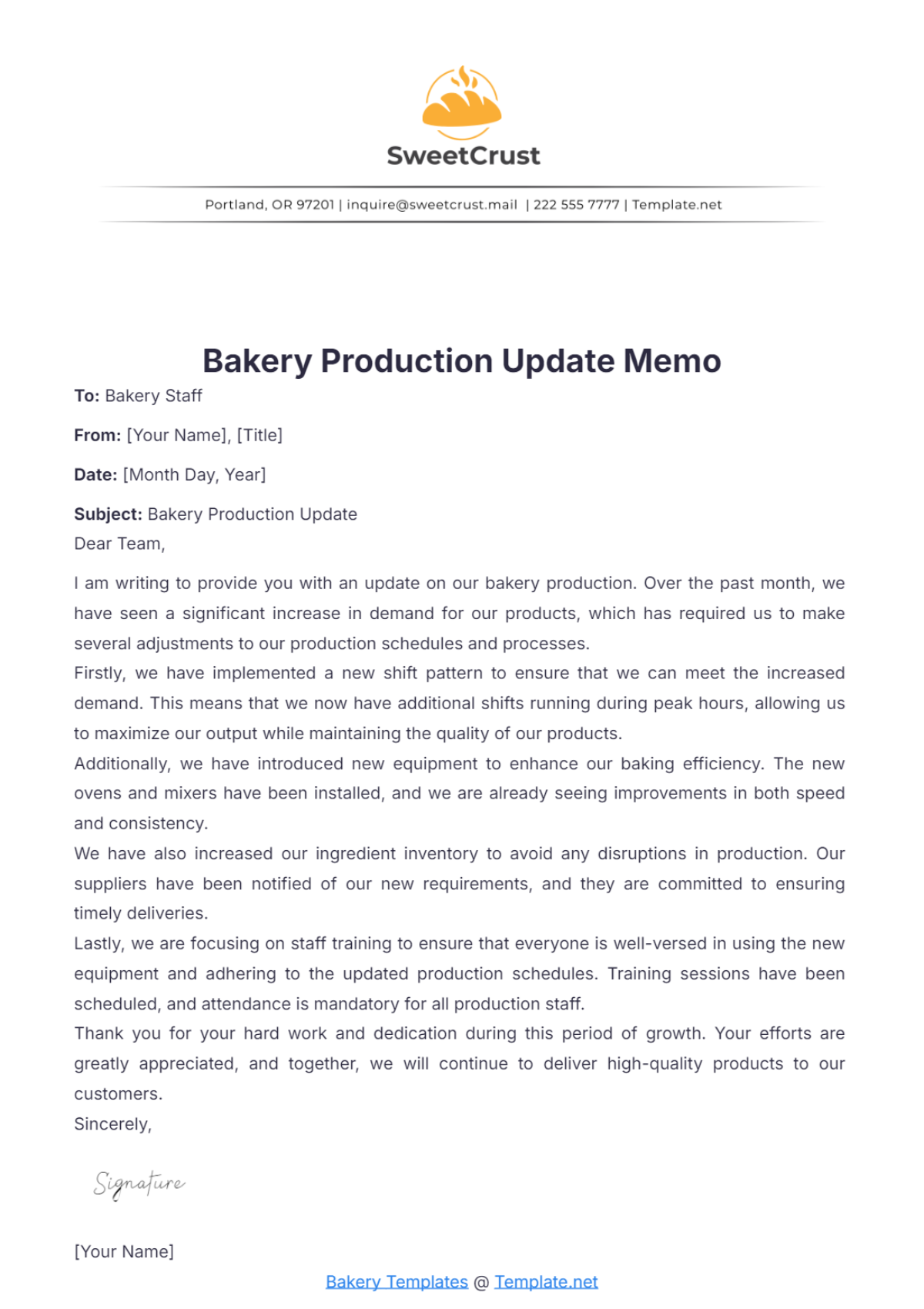 Bakery Production Update Memo Template - Edit Online & Download