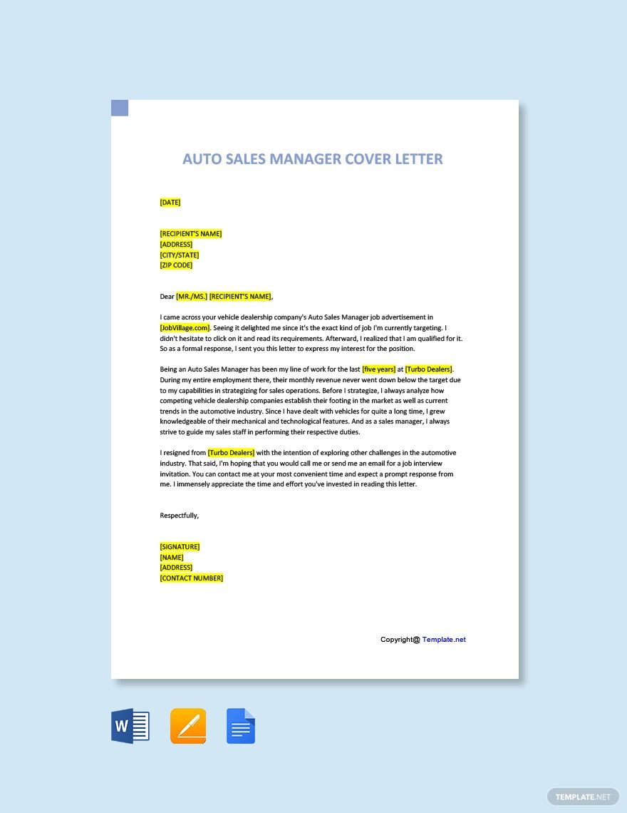 Auto Sales Manager Cover Letter Template