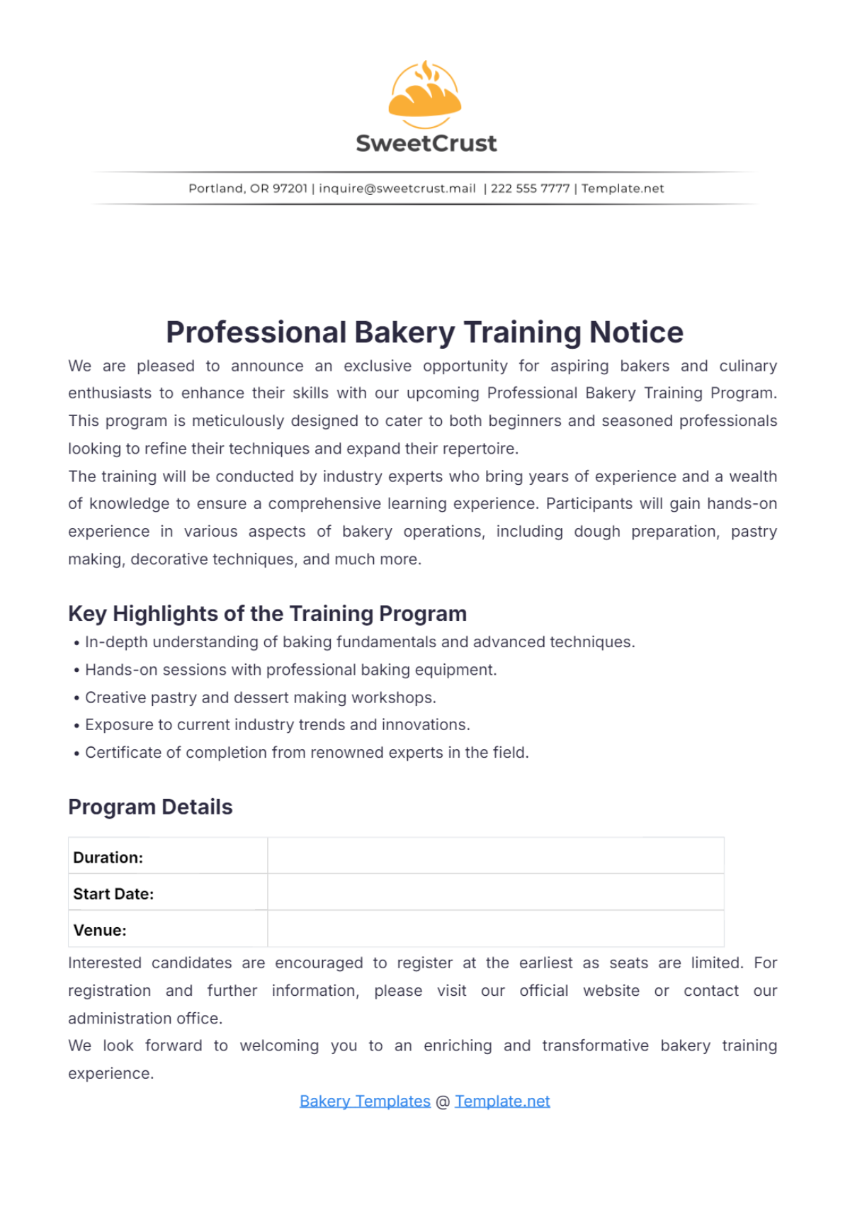 Professional Bakery Training Notice Template - Edit Online & Download