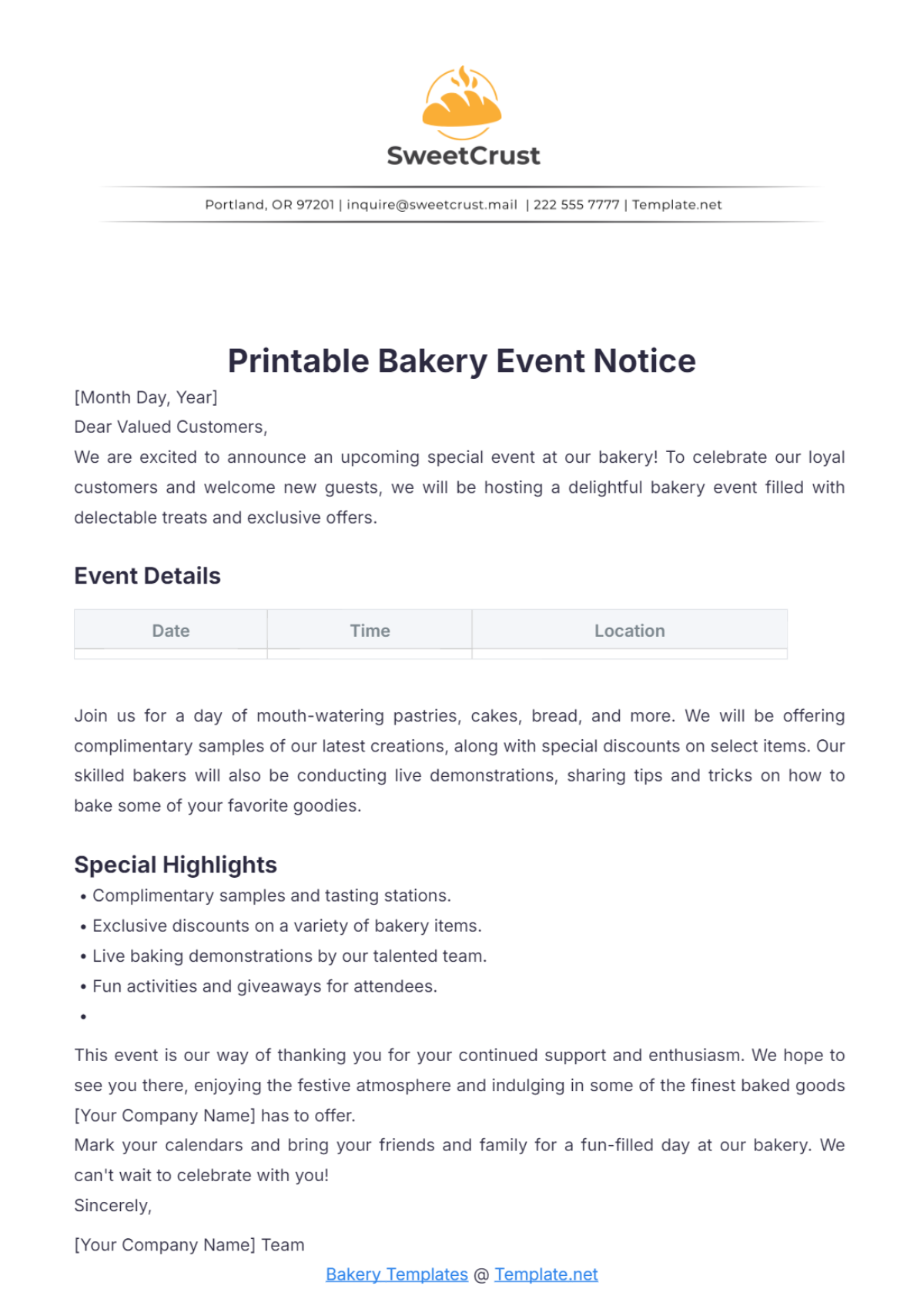 Printable Bakery Event Notice Template - Edit Online & Download