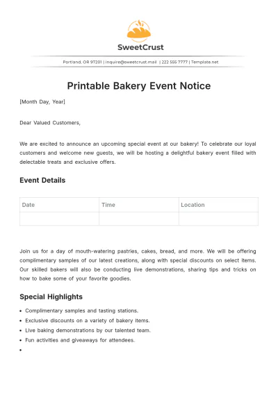 Free Printable Bakery Event Notice Template to Edit Online