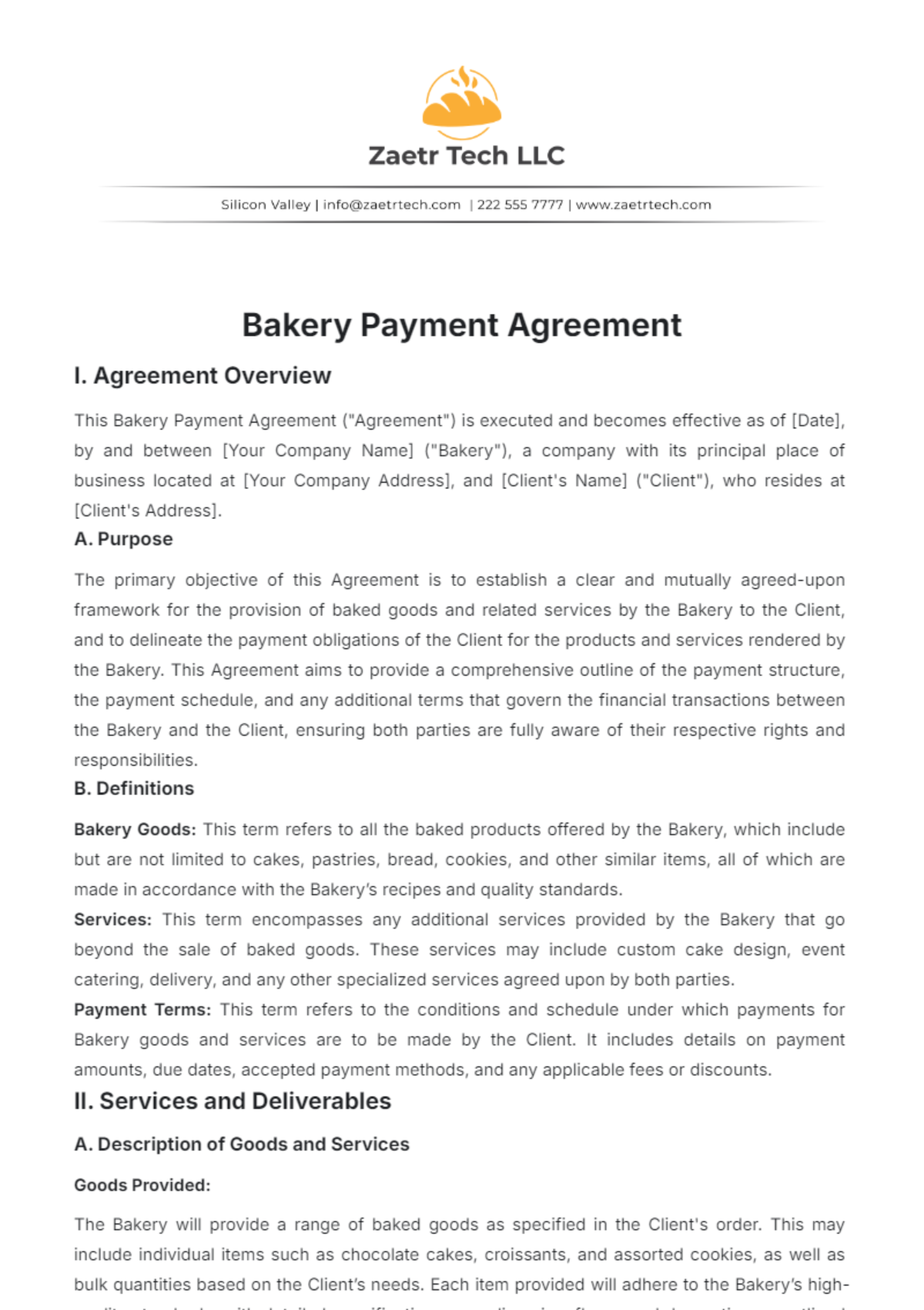 Bakery Payment Agreement Template - Edit Online & Download