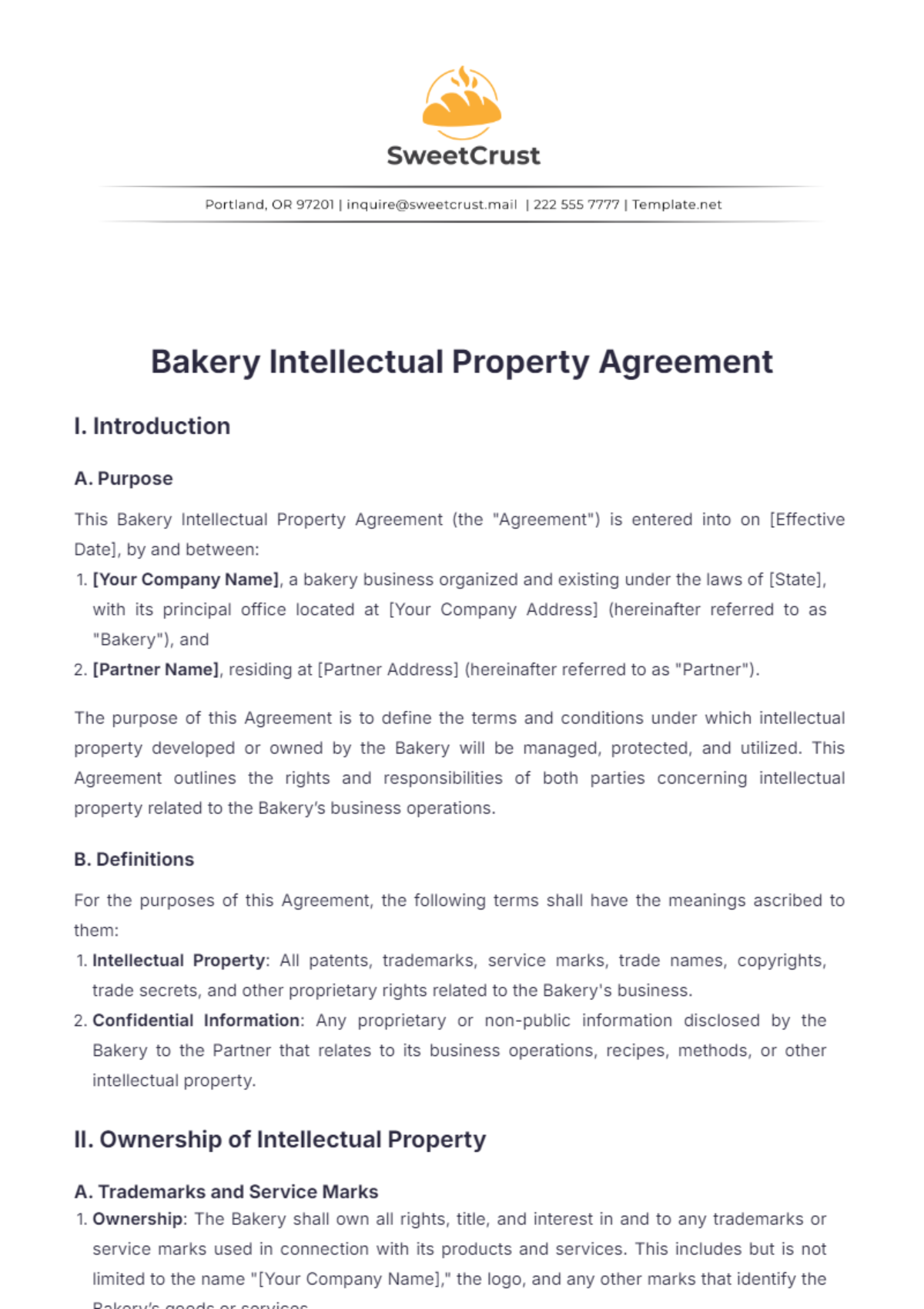 Bakery Intellectual Property Agreement Template - Edit Online & Download