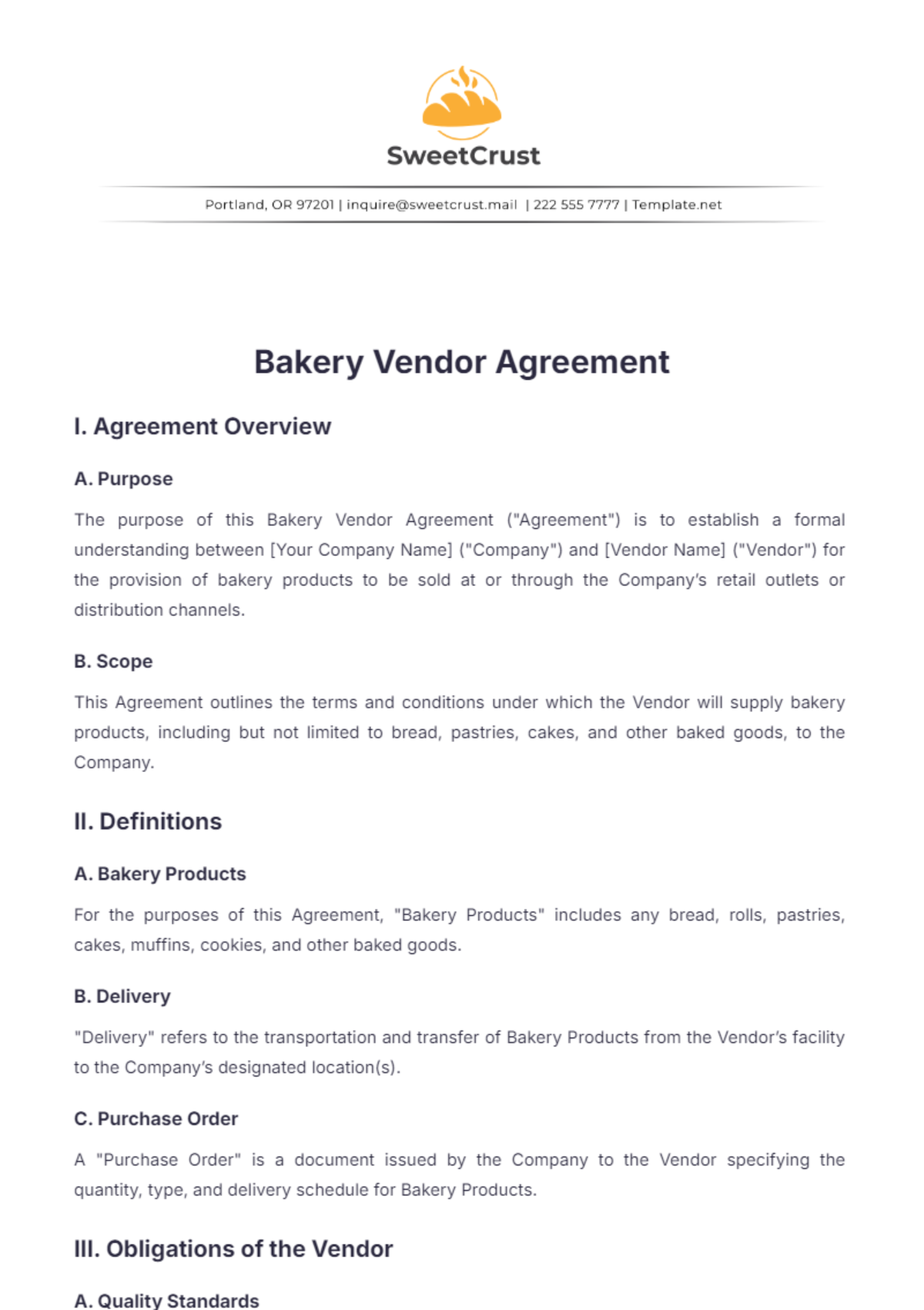 Bakery Vendor Agreement Template - Edit Online & Download