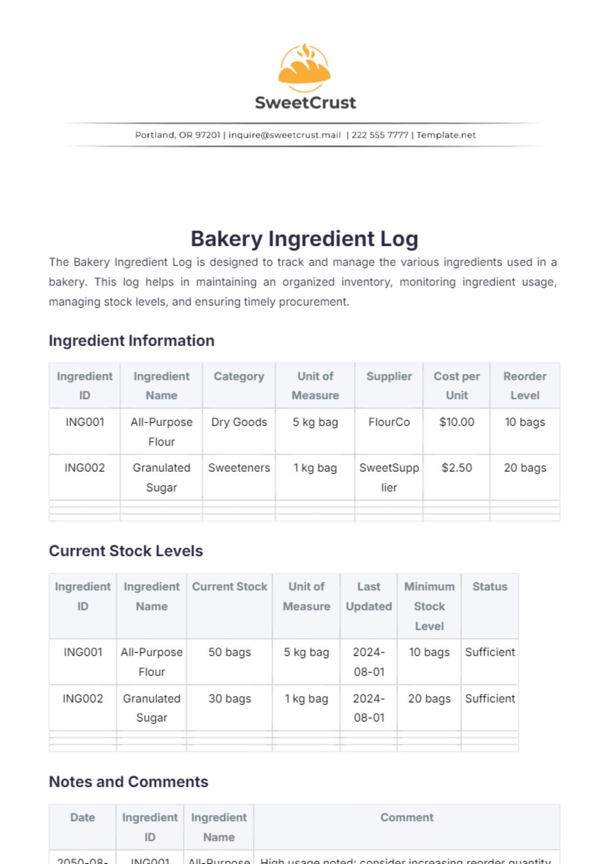 Bakery Ingredient Log Template - Edit Online & Download