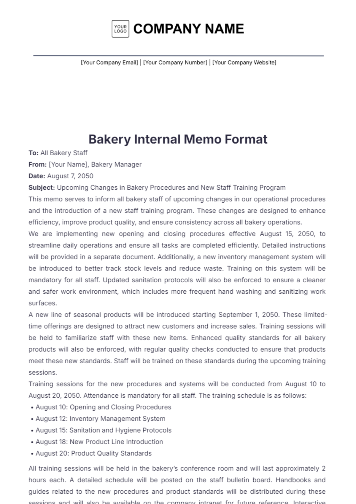 Bakery Internal Memo Format Template - Edit Online & Download