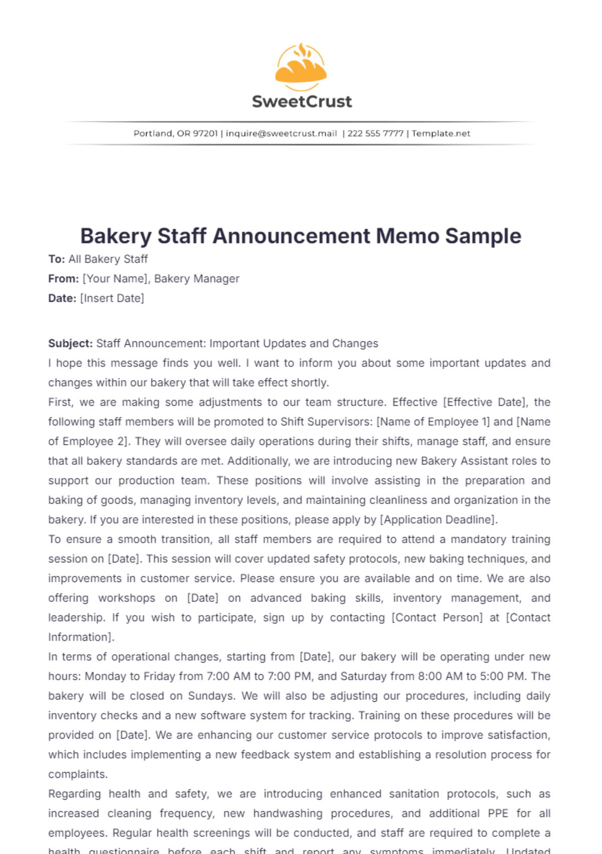 Free Bakery Staff Announcement Memo Sample Template