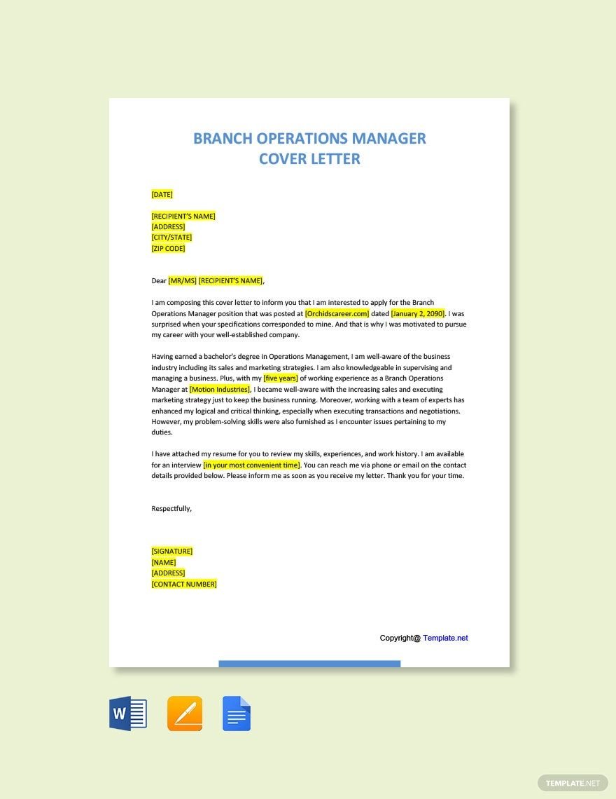 Branch Operations Manager Cover Letter