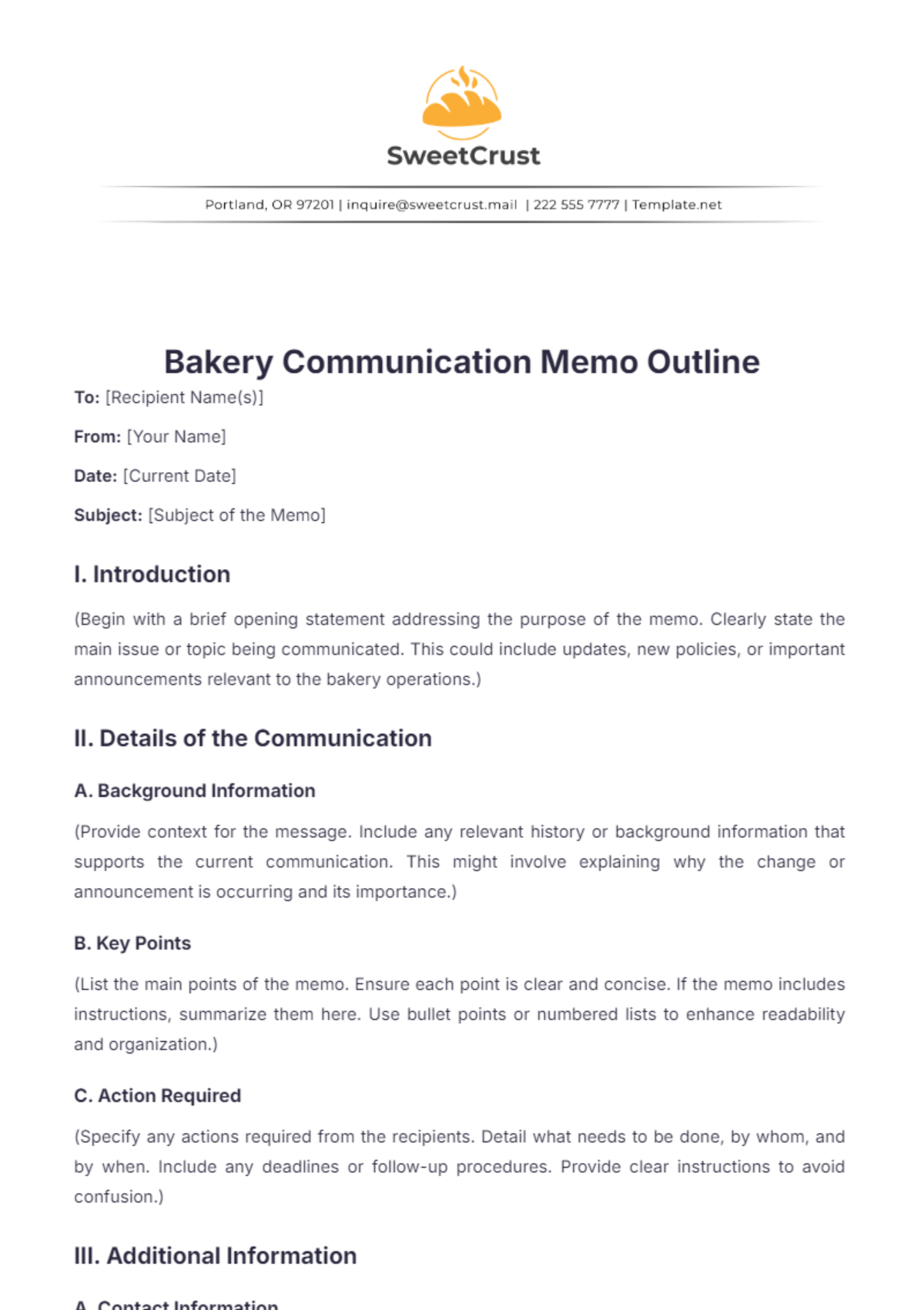 Bakery Communication Memo Outline Template - Edit Online & Download