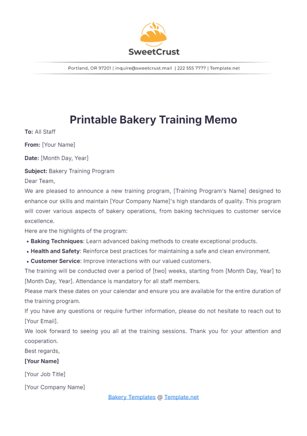 Printable Bakery Training Memo Template - Edit Online & Download