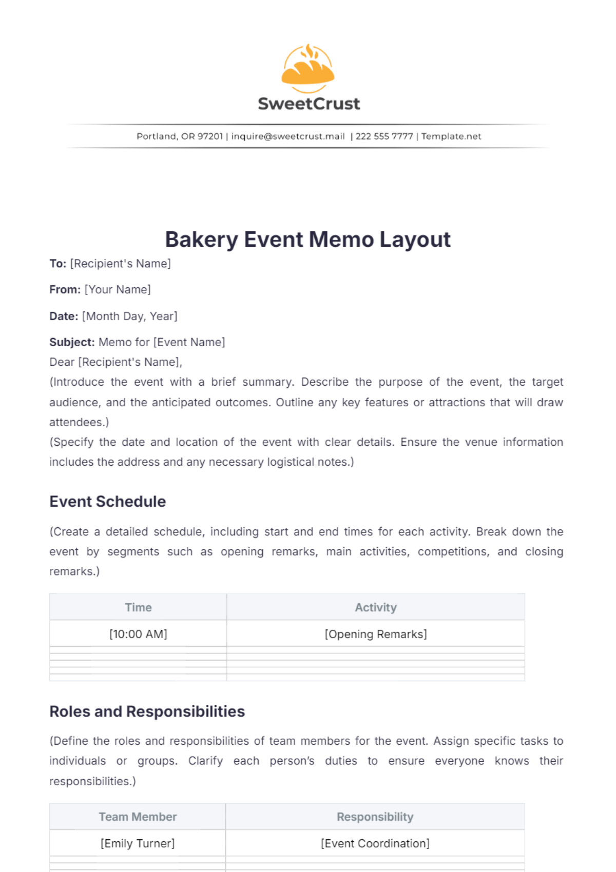 Bakery Event Memo Layout Template - Edit Online & Download