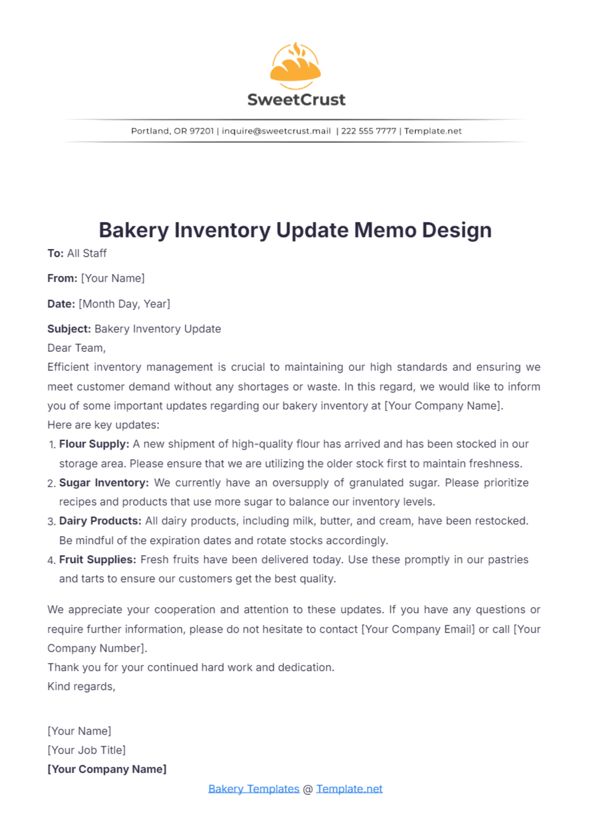 Bakery Inventory Update Memo Design Template - Edit Online & Download