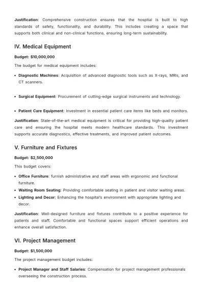 Free Hospital Construction Budget Justification Template to Edit Online