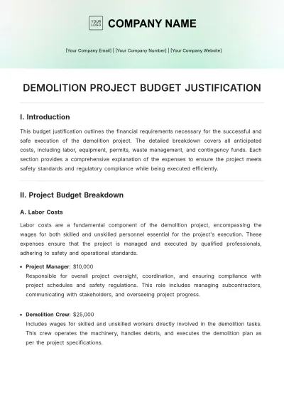 Free Demolition Project Budget Justification Template to Edit Online