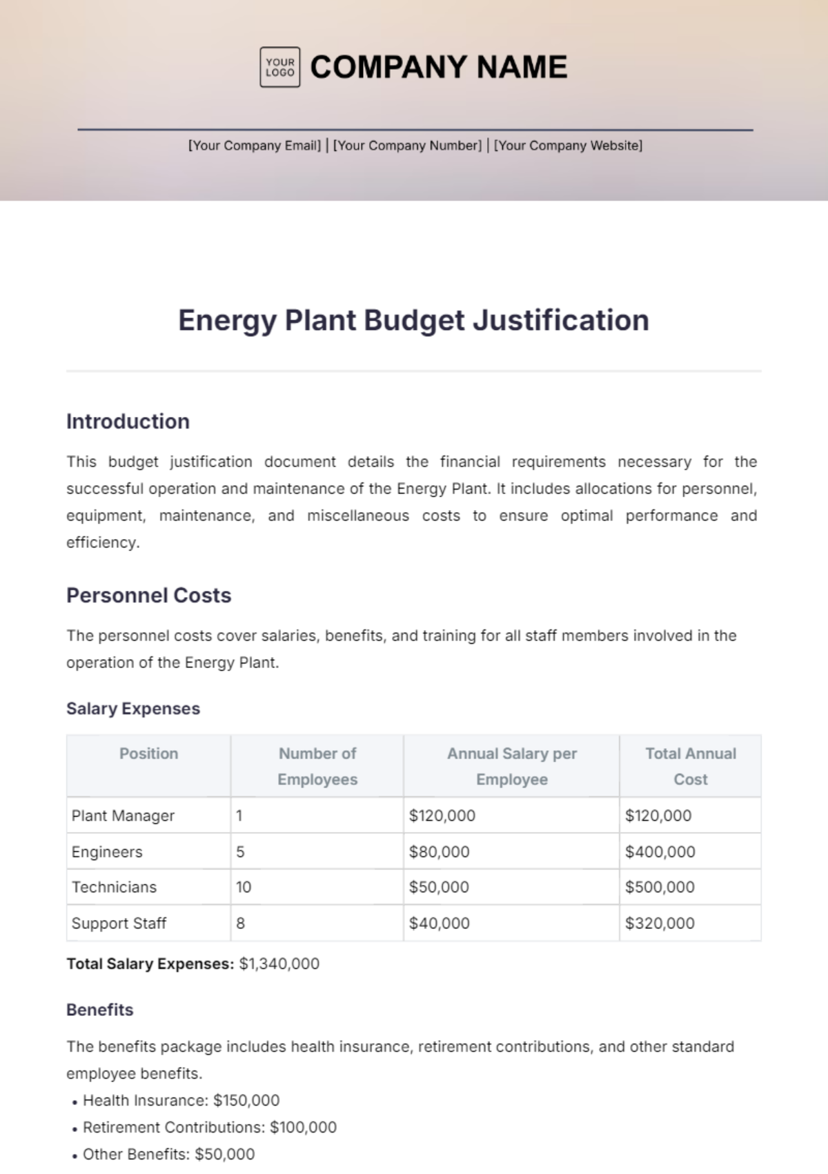 Energy Plant  Budget Justification Template - Edit Online & Download