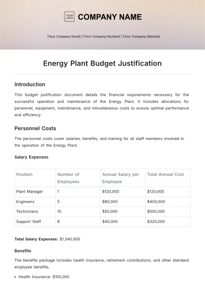 Free Energy Plant  Budget Justification Template to Edit Online