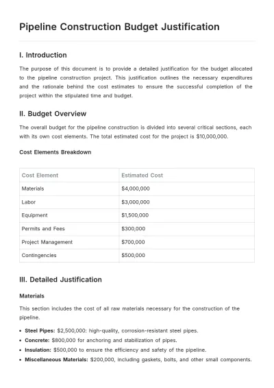 Free Pipeline Construction Budget Justification Template to Edit Online
