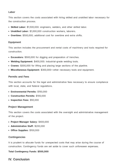 Free Pipeline Construction Budget Justification Template to Edit Online