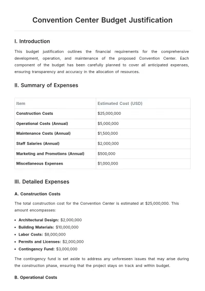 Free Convention Center Budget Justification Template to Edit Online