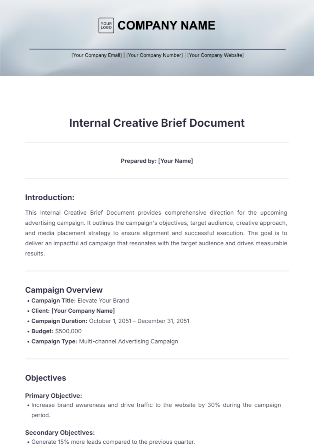 Internal Creative Brief Document Template - Edit Online & Download