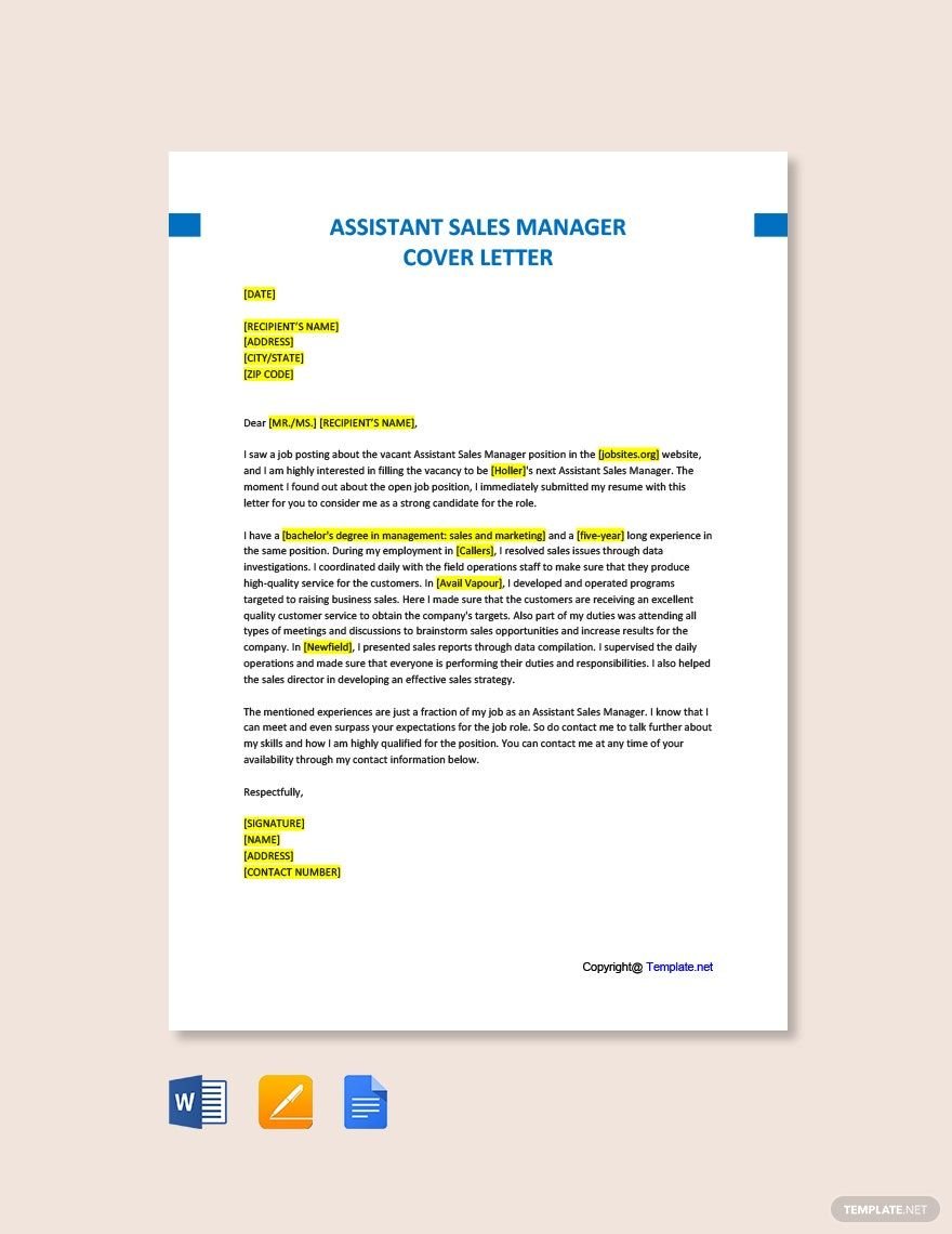 Assistant Sales Manager Cover Letter Template