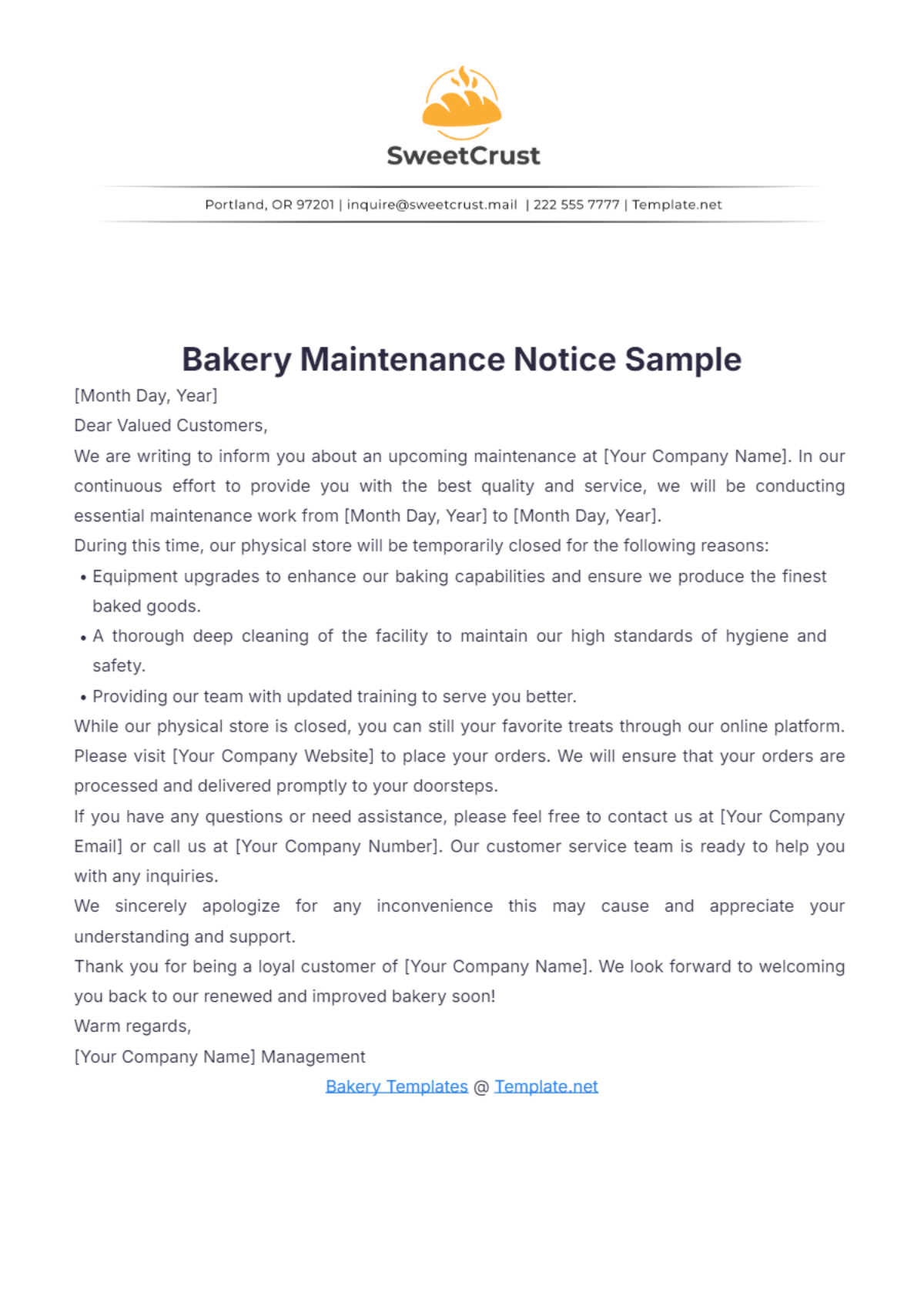 Bakery Maintenance Notice Sample Template - Edit Online & Download