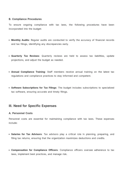 Free Tax Compliance Budget Justification Template to Edit Online