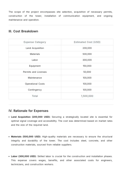 Free Budget for Justification for Telecom Tower Template to Edit Online
