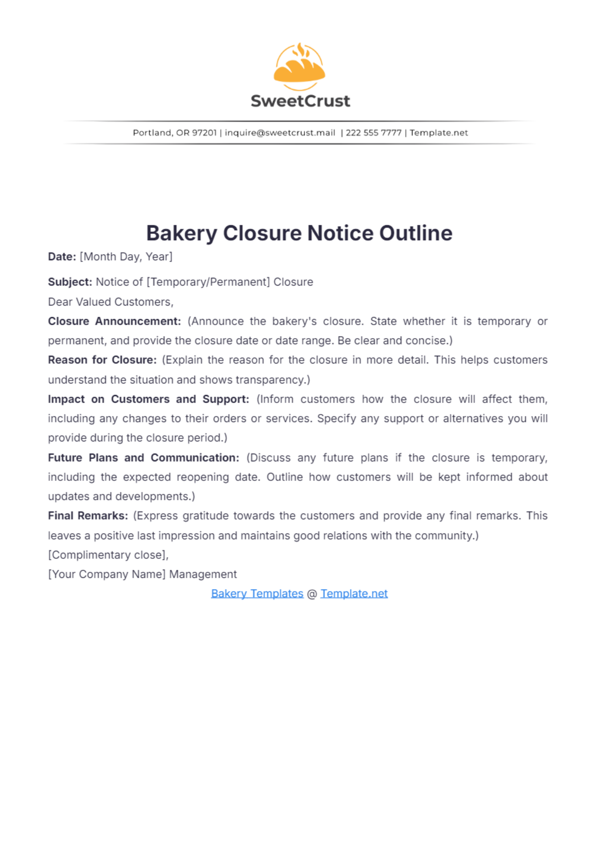 Bakery Closure Notice Outline Template - Edit Online & Download